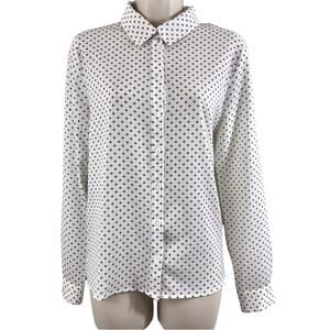 Vixbe Cream Black Print Button Front Long Sleeve Blouse Square Hem Loose Fit